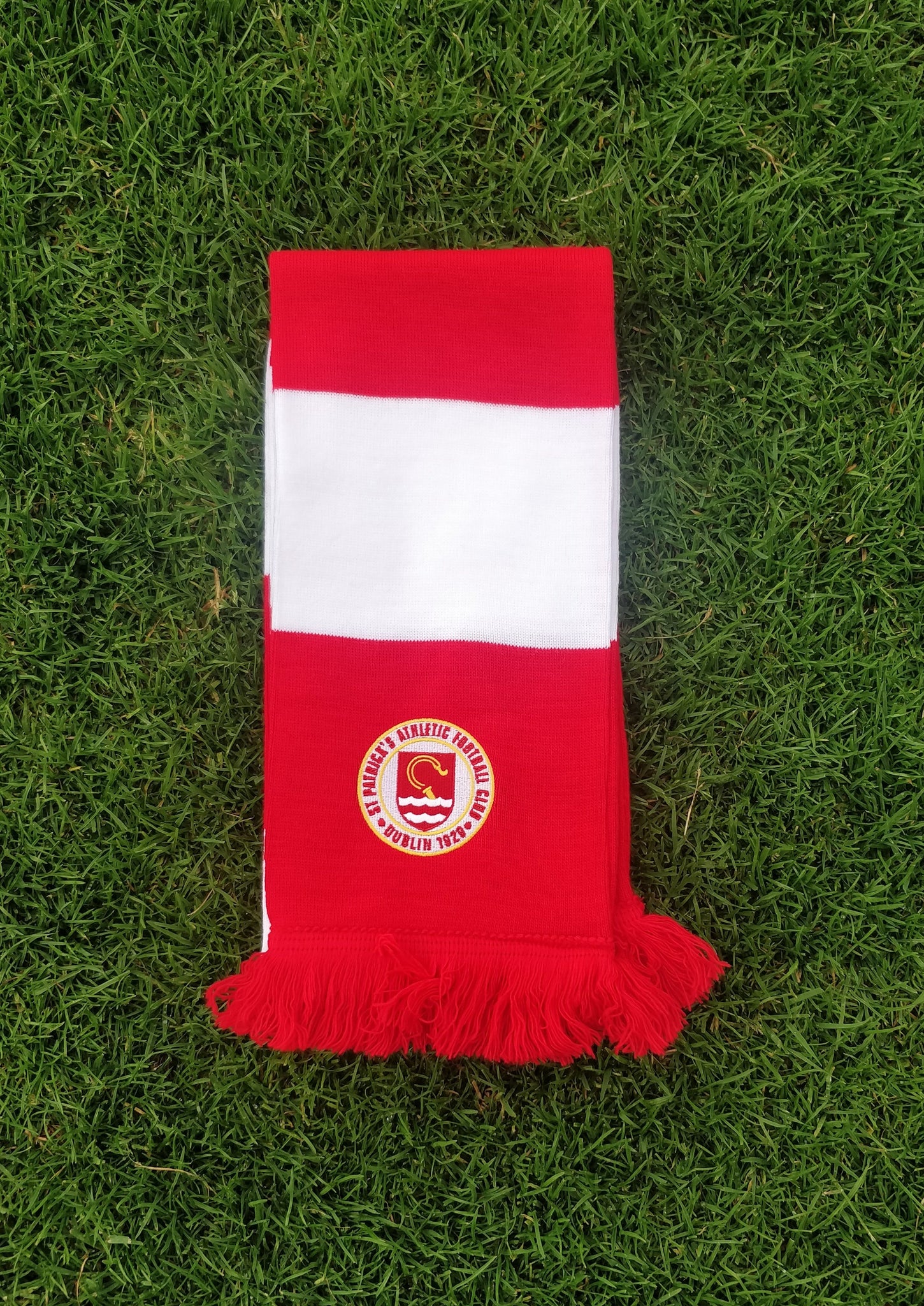 Red and White Barscarf with Embroidered Crest